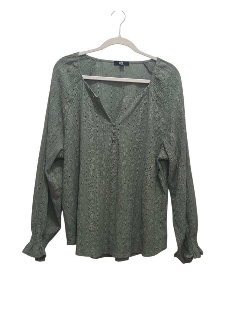Frye XL Sage Green Textured Peasant Blouse Ruffle Cuff Boho Long Sleeve